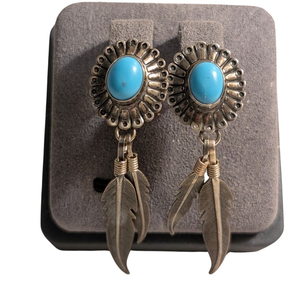 Vintage Signed QT Sterling Turquoise Feather Dangle Pierced Earrings